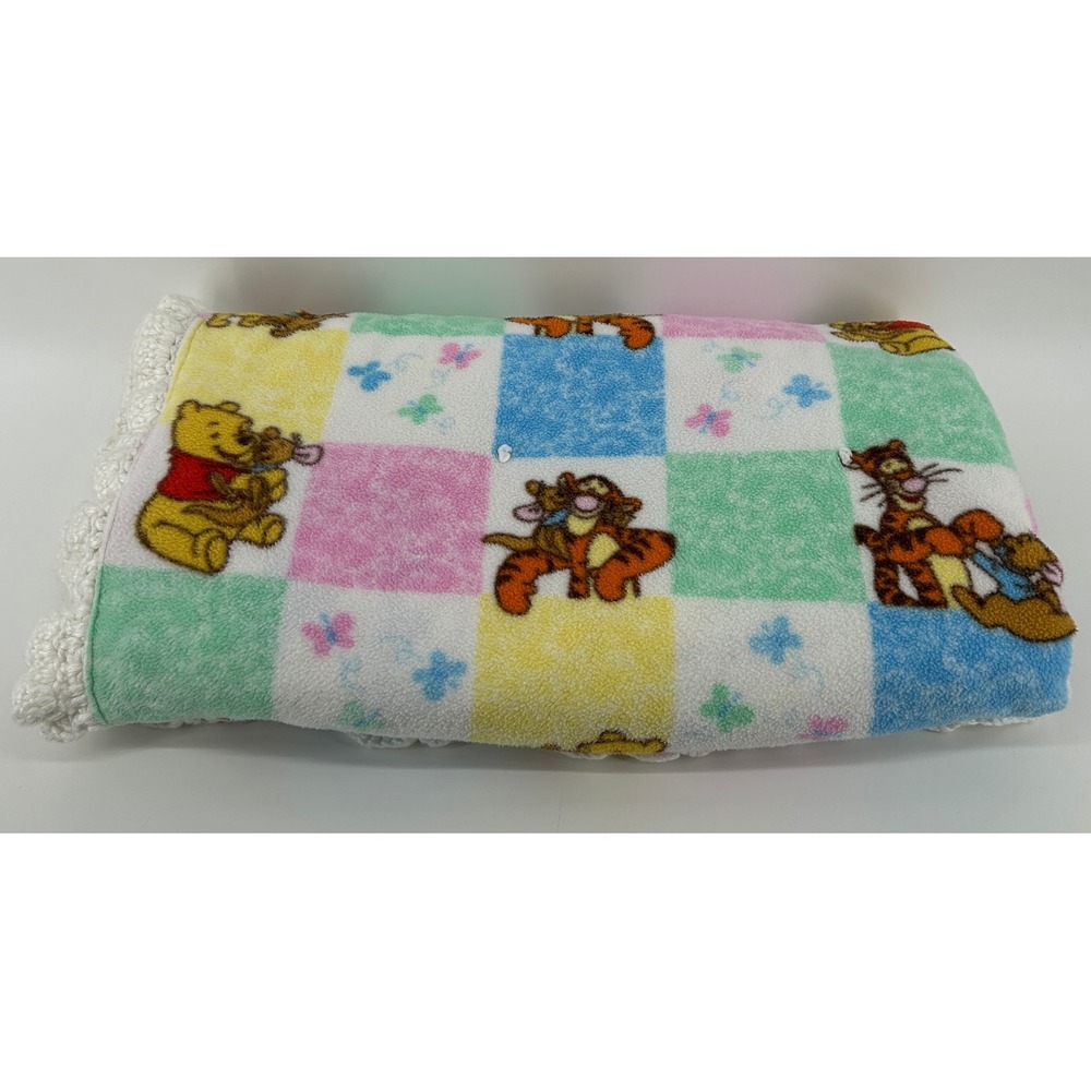 Handmade Winnie the Pooh & Friends Fleece Baby Blanket Reversible Crochet Pastel